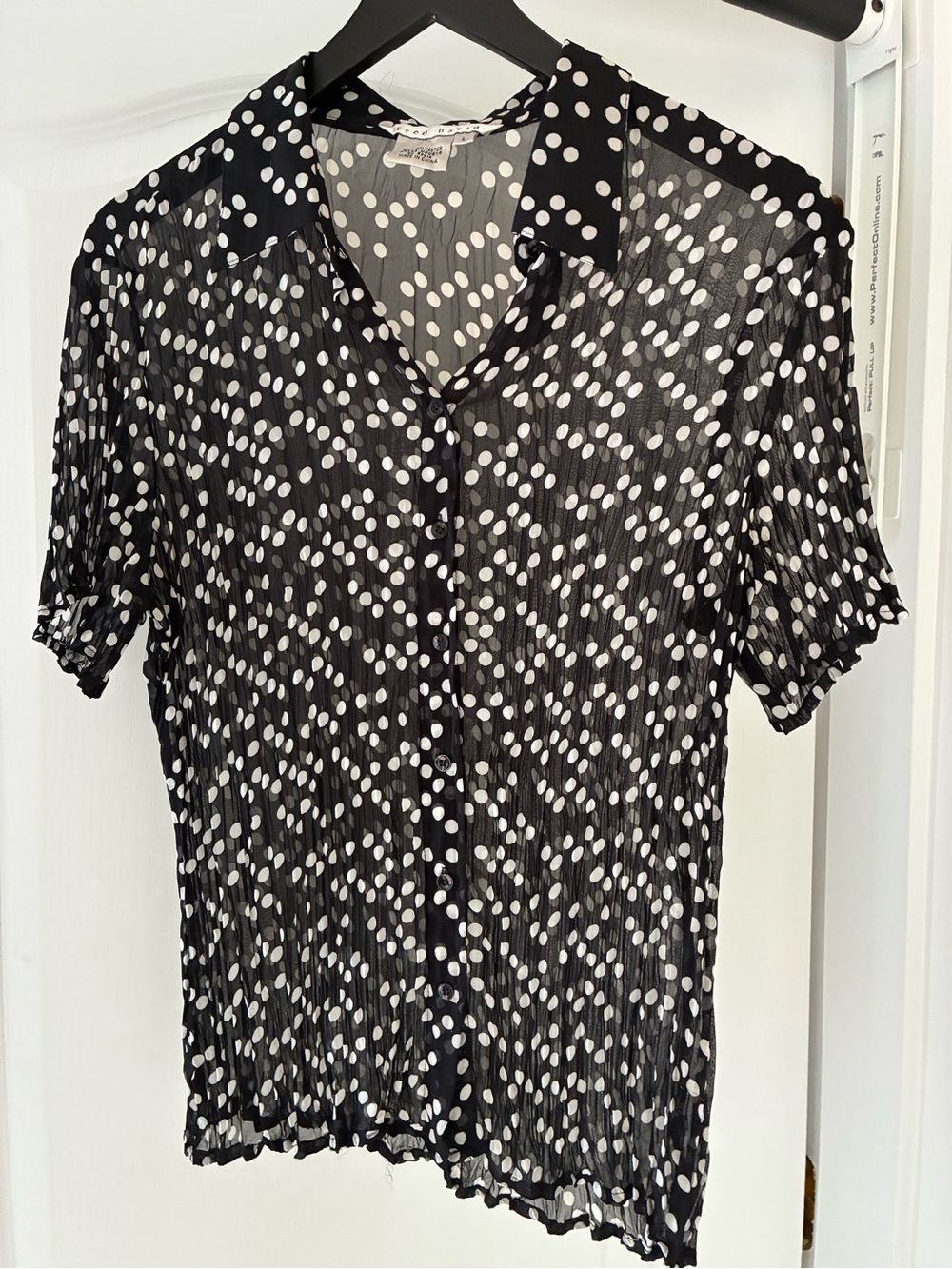 Fred David Black and White Polka Dot Sheer Button-Up Blouse